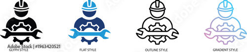 Technician icon representing industrial worker, maintenance service and mechanic repair. Symbol of engineer with hard hat, gear and wrench for technical support and construction labor in vector styles
