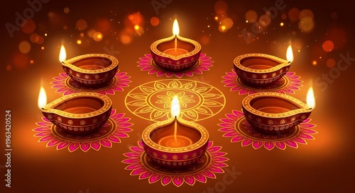 A circular arrangement of five lit traditional clay Diya oil lamps with pink and purple floral mandala patterns below each, set against a warm bokeh background for the Diwali festival