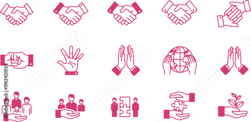 Collection of handshake and hand gesture icons representing teamwork collaboration partnership and global unity concepts