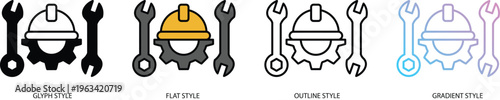 Construction safety helmet, gear and wrench icons representing engineering, maintenance and repair service. Concept of industrial labor, mechanic tools, and technical support in four vector styles.