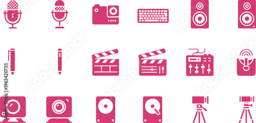 Collection of isolated icons representing audio visual recording and media production equipment on transparent background