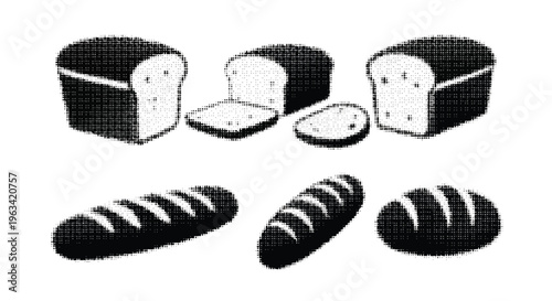 Halftone illustration of various bread types including sliced loafs and boules on white background