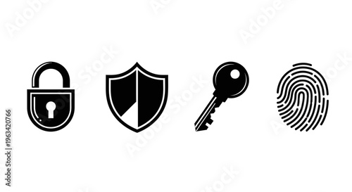 Cyber Security Icons Set with Padlock Shield Key and Fingerprint