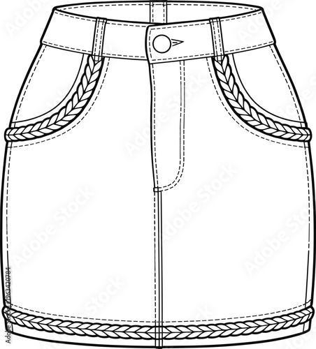 Technical Fashion Flat Drawing of Pleated Khaki Trousers with a Button Waistband, Side Pockets, and a Red Contrast Panel Insert for Athleisure or Casual Wear Design Vector.