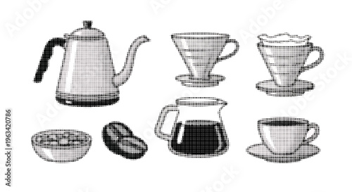 Halftone illustration of various coffee related items and food on white background