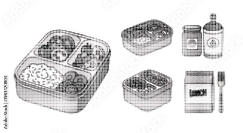 Halftone illustration of various Japanese bento box meals and food items with utensils