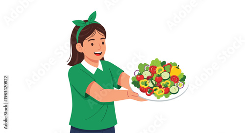 A smiling young woman in a green shirt holds a large white plate overflowing with a colorful, freshly tossed salad.