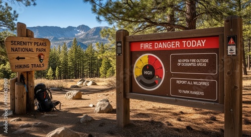 A sign in a national park with a fire danger warning, surrounded by trees and mountains in the background.