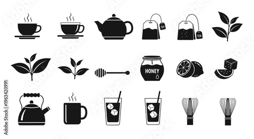Set of Tea and Beverage Icons in Flat Black Style