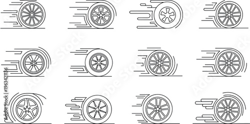 Car wheel motion icons set with speed lines rotation effects tire movement and automotive dynamic vector illustration