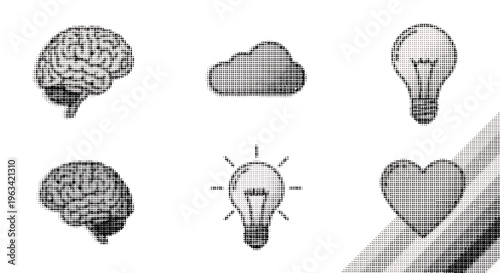 Halftone illustrations of brain cloud lightbulb heart and bulb on white background