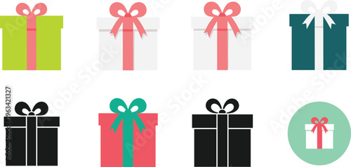Gift box collection with ribbon bows and wrapped presents, festive celebration package illustration set isolated on white background for holiday and birthday design