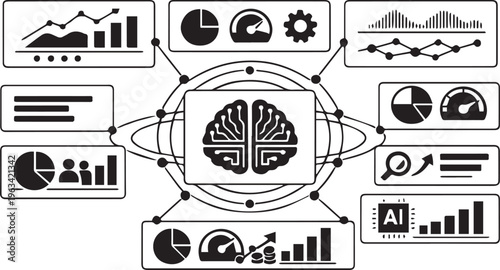 Modern AI Analytics Dashboard Vector, SaaS Admin UI Interface, Minimal Data Visualization Layout, Monochrome | Minimal AI SaaS Dashboard Interface Vector, Analytics UI Panel, Data Visualization Admin