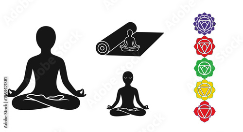 Meditation Yoga Icons and Chakra Symbols Set