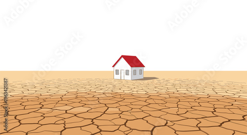 A small white house with a red roof sits on deeply cracked, dry brown earth under a plain white sky.