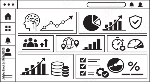 Modern AI Analytics Dashboard Vector, SaaS Admin UI Interface, Minimal Data Visualization Layout, Monochrome | Minimal AI SaaS Dashboard Interface Vector, Analytics UI Panel, Data Visualization Admin