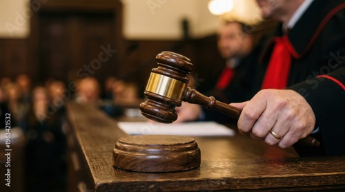 Judge banging gavel on desk in courtroom