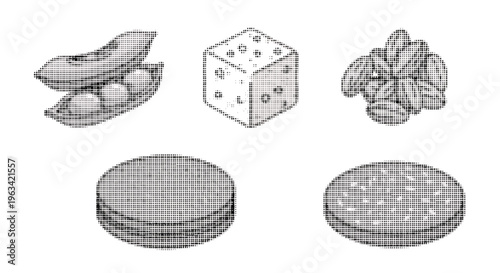 Halftone illustrations of food items and a dice on white background