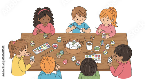 Six diverse children sit around a wooden table, painting Easter eggs with brushes and watercolors.