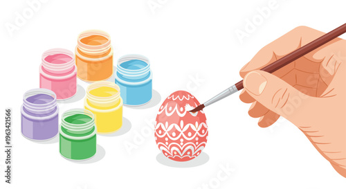 A hand paints intricate white patterns onto a pink Easter egg next to six jars of colorful paints on a white surface.
