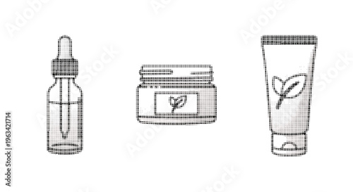 Halftone illustrations of skincare product packaging including dropper bottle cream jar and tube