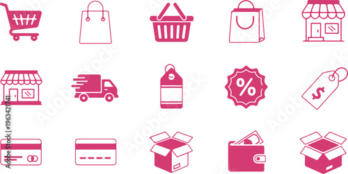 Collection of shopping and ecommerce icons featuring shopping carts bags delivery discounts and payment methods isolated on transparent background