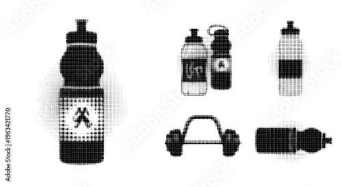 Halftone illustrations of sports bottles and fitness equipment in black on white background