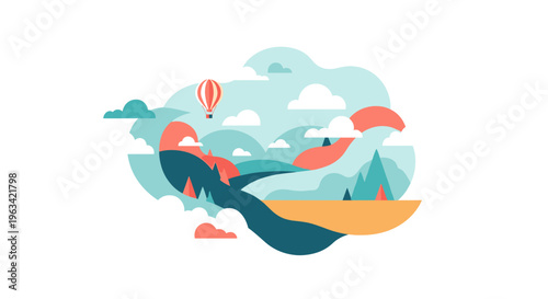 Whale in abstract landscape with hot air balloon in pastel colors on white background for travel brochure