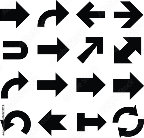 Arrow icons set with directional vector symbols for web and business design elements in black and color styles including up down left right pointers