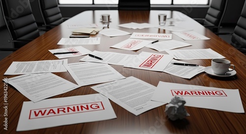 A cluttered conference room with papers and documents scattered across the table, some with 'WARNING' labels, suggesting a tense or urgent situation.