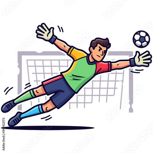 Soccer player diving to block ball in goal during sports event