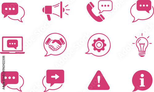 Set of colorful communication and interaction icons featuring speech bubbles conversation tools and symbols isolated on transparent background