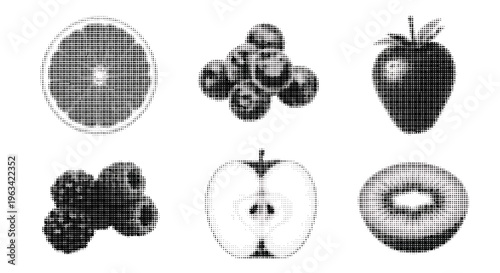 Halftone illustrations of various fruits including orange grapes strawberry apple and donut on white background