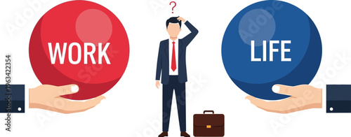 Confused businessman stands between two large spheres labeled 'WORK' and 'LIFE' held by hands, illustrating career-life balance.