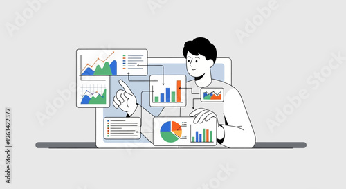 Young man interacting with multiple data analytics dashboards in a futuristic digital environment, showcasing modern business data management.