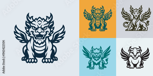 Set of stylized mythical creatures with wings, including a dragon and a griffin, in a graphic design style.