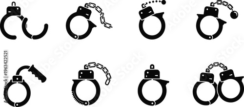 Handcuffs icon collection with different police restraint styles, arrest and security equipment silhouettes set isolated on white background for law enforcement design