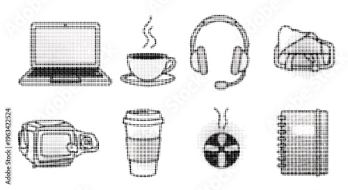 Halftone illustrations of various modern office and technology items on white background