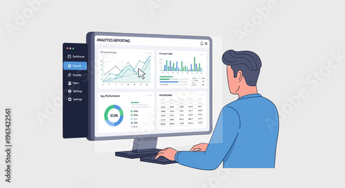 Focused man working on a computer, analyzing an analytics reporting dashboard with charts and data, in an isolated white background.