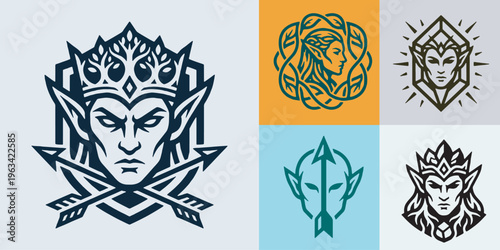 Collection of fantasy elf king and queen emblems with crowns and arrows.