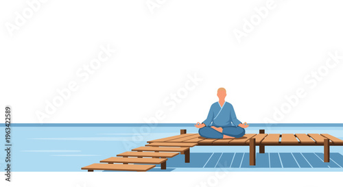 A man in a blue robe meditates in a lotus position on a wooden pier extending over calm blue water with a white background above.