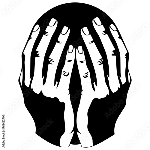 A black and white image of hands covering a face isolated on transparent background, Vector