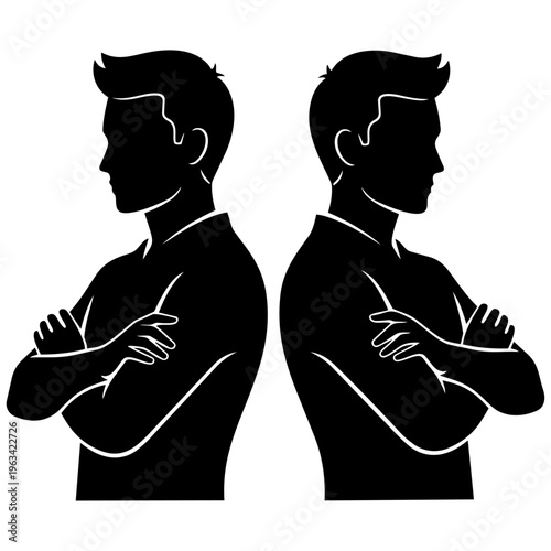 Two men standing with arms crossed in silhouette isolated on transparent background, Vector