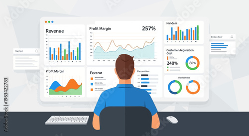 Focused man working on a computer, analyzing a dashboard with revenue, profit margin, and customer acquisition data, in an isolated white background.