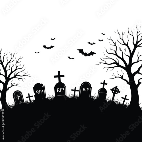 Halloween Graveyard Silhouette with Tombstones and Bats