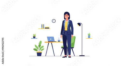 A smiling businesswoman stands confidently in an office setting with a desk, laptop, chair, and potted plants against a white background.