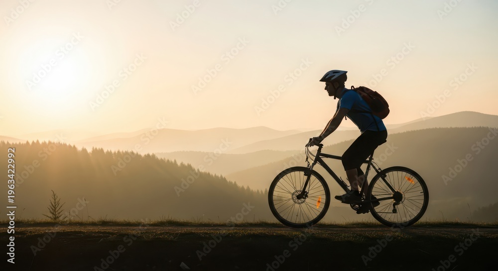 Fototapeta premium Silhouette of a man cycling through misty mountains at sunrise, embarking on an outdoor adventure