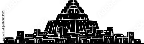 Ancient Ur city silhouette with large central ziggurat, stepped pyramid structure.