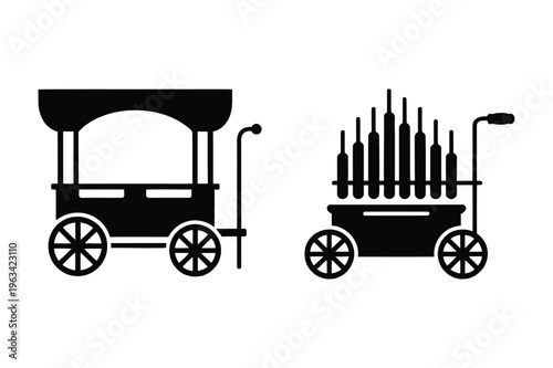 Ice cream cart and organ grinder cart silhouettes with food cart