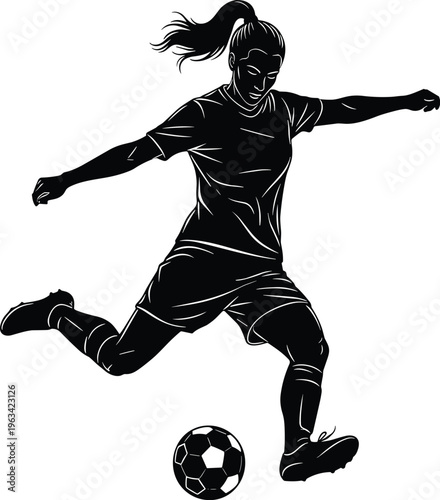 Black and white vector illustration of female soccer player kicking ball, professional woman athlete in action, isolated on white background.